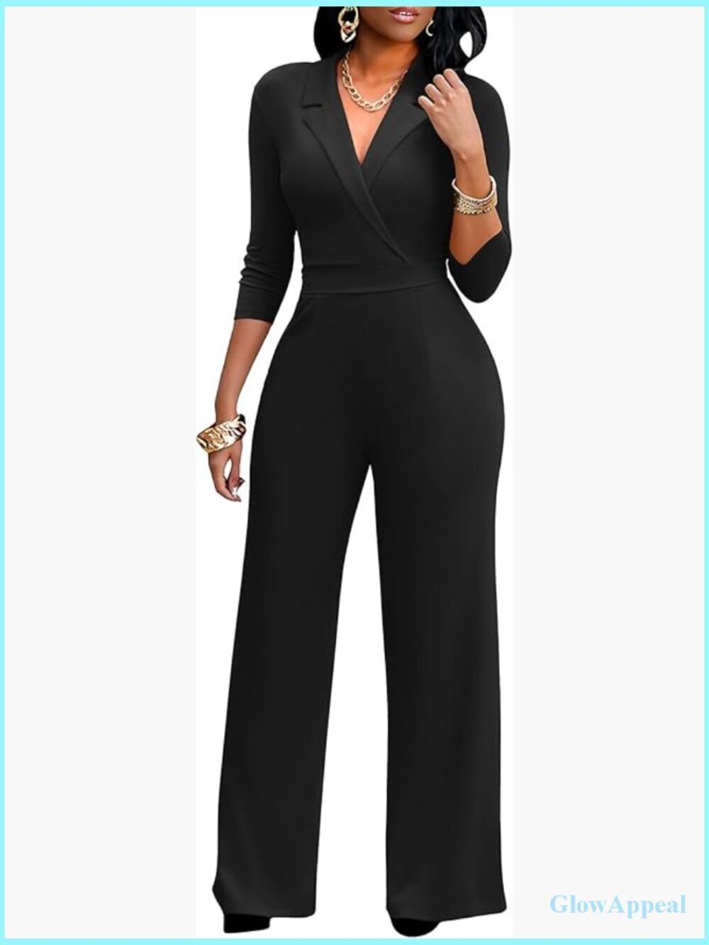 V-Neck Wide Leg Jumpsuit with Pockets 3/4 Sleeve Stretchy